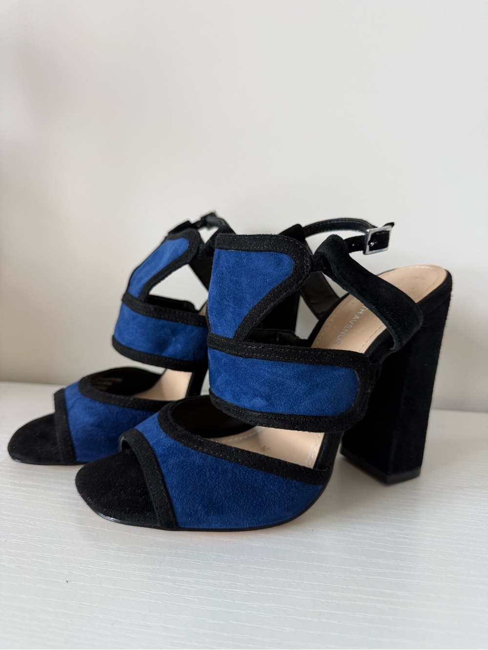 Saks Fifth Avenue Blue and Black Suede Block Heel Sandals